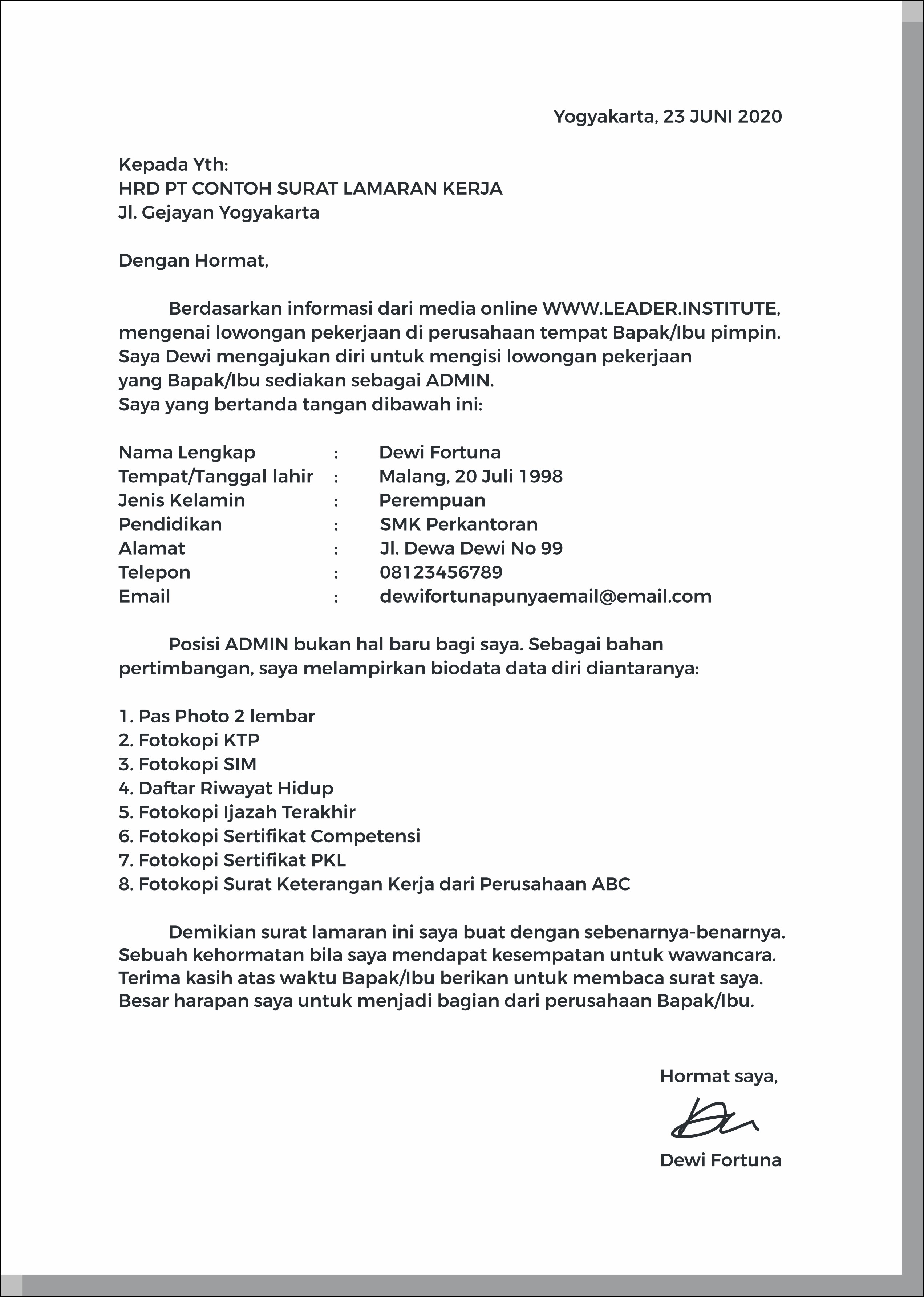 Contoh Surat Biodata Perusahaan