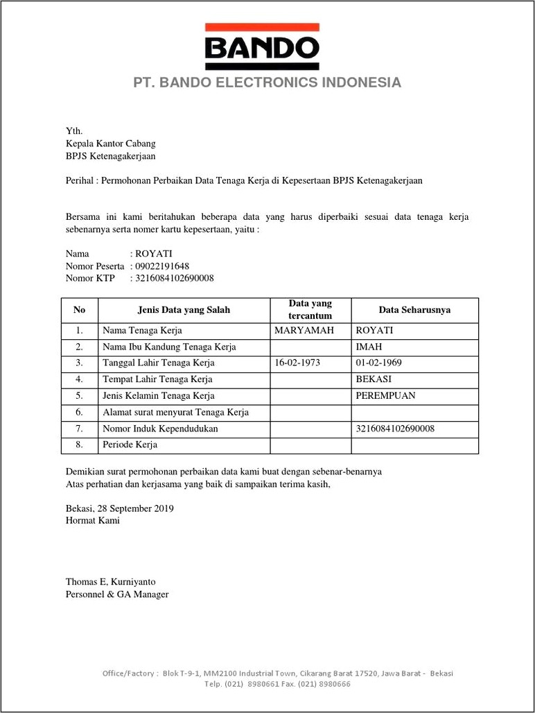 Contoh Surat Bpjs Ketenagakerjaan Pergantian Nama Perusahaan