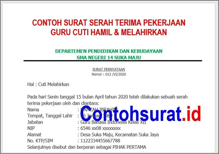 Contoh Surat Cuti Melahirkan Dari Perusahaan