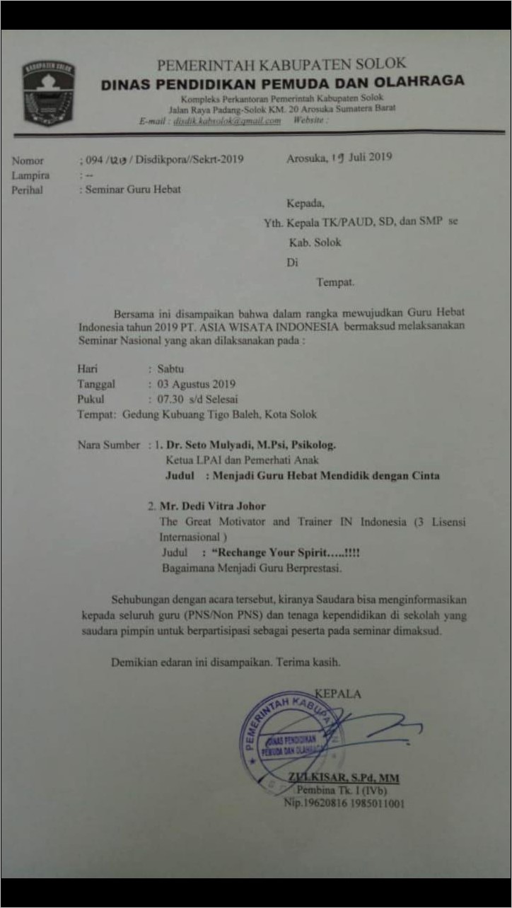 Contoh Surat Di Dinas Pendidikan Pemuda Dan Olahraga Pasir Pengaraian