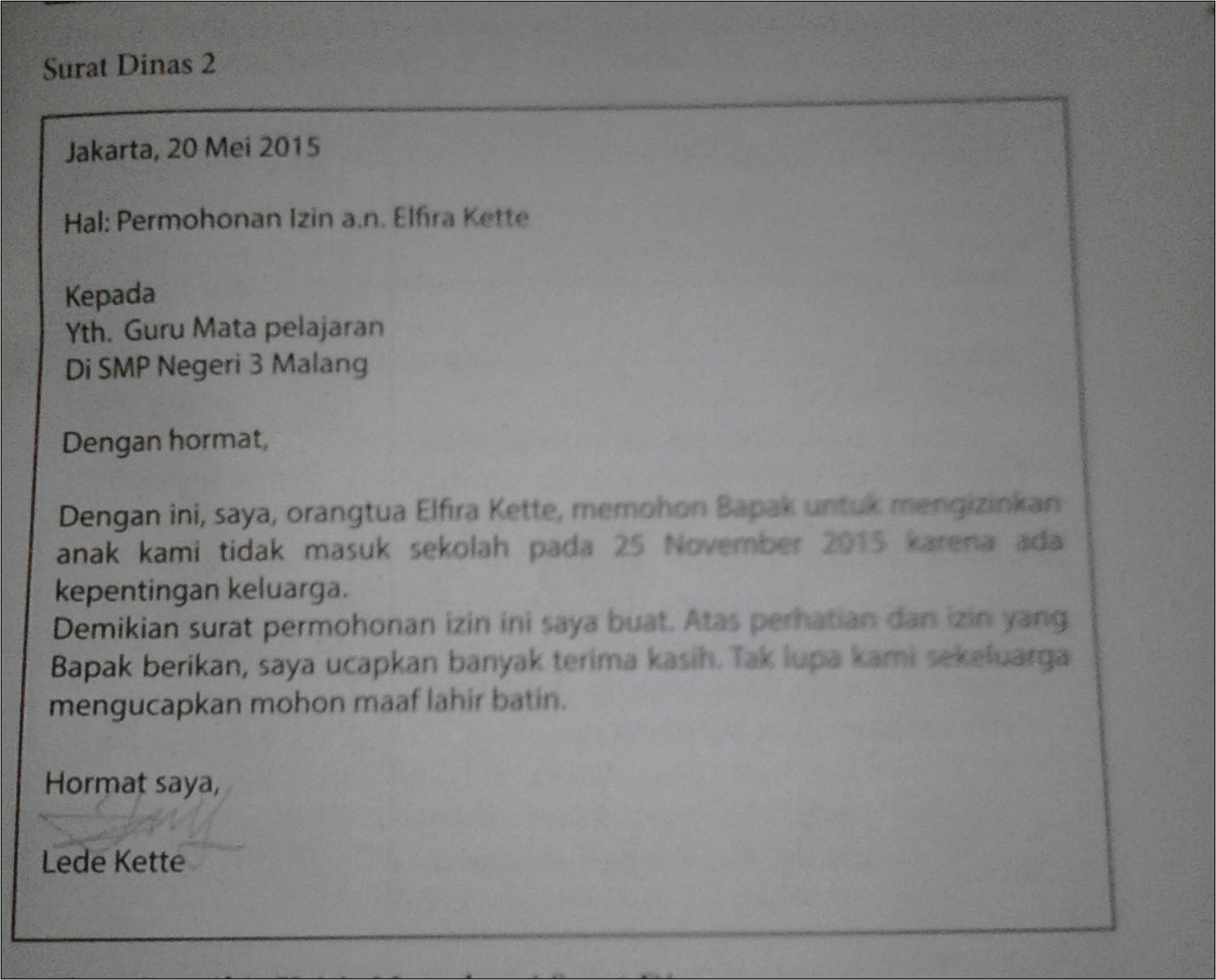 Contoh Surat Dinas Bahasa Indonesia