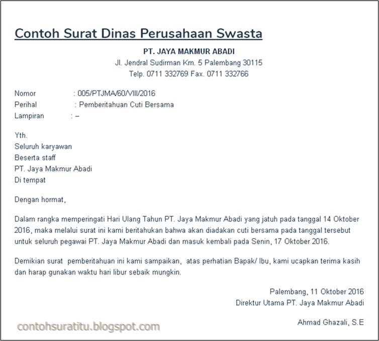 Contoh Surat Dinas Dari Perusahaan