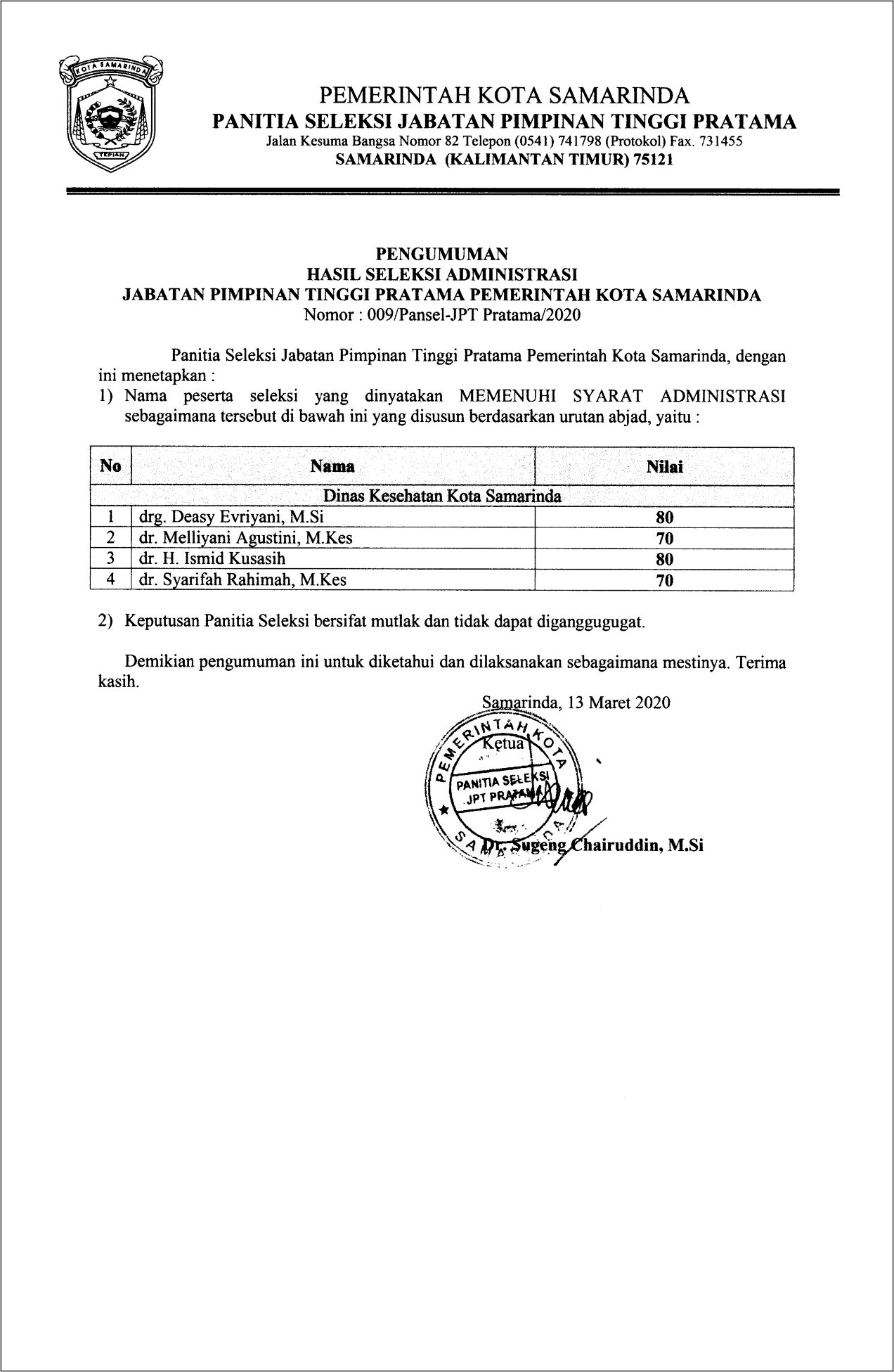 Contoh Surat Dinas Kesehatan Kota Samarinda