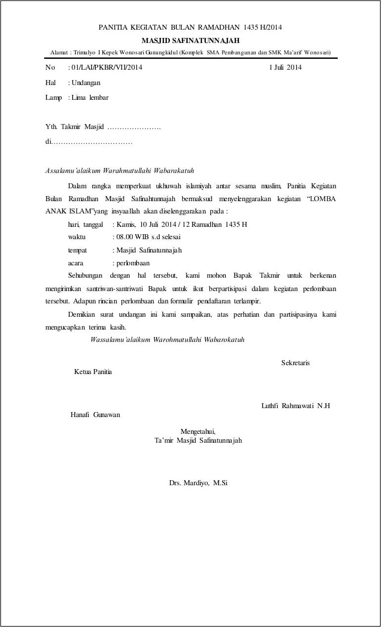 Contoh Surat Dinas Organisasi Untuk Masjid