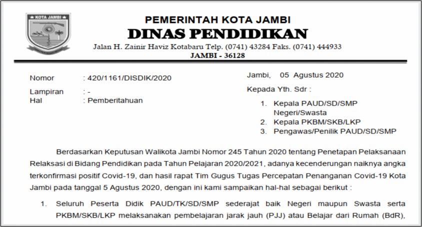 Contoh Surat Dinas Pendidikan Daerah Yang Benar