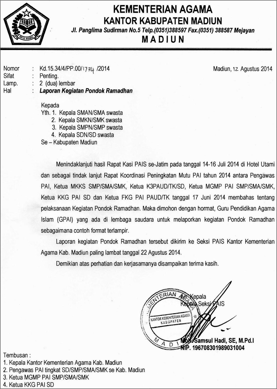 Contoh Surat Dinas Penyampaian Laporan