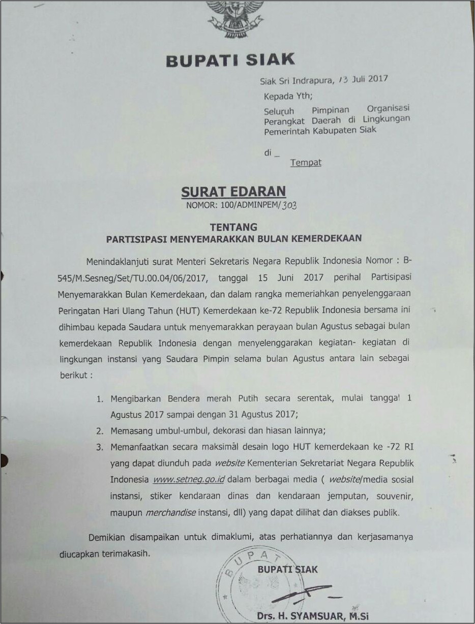 Contoh Surat Dinas Peringatan Hari Kemerdekaan