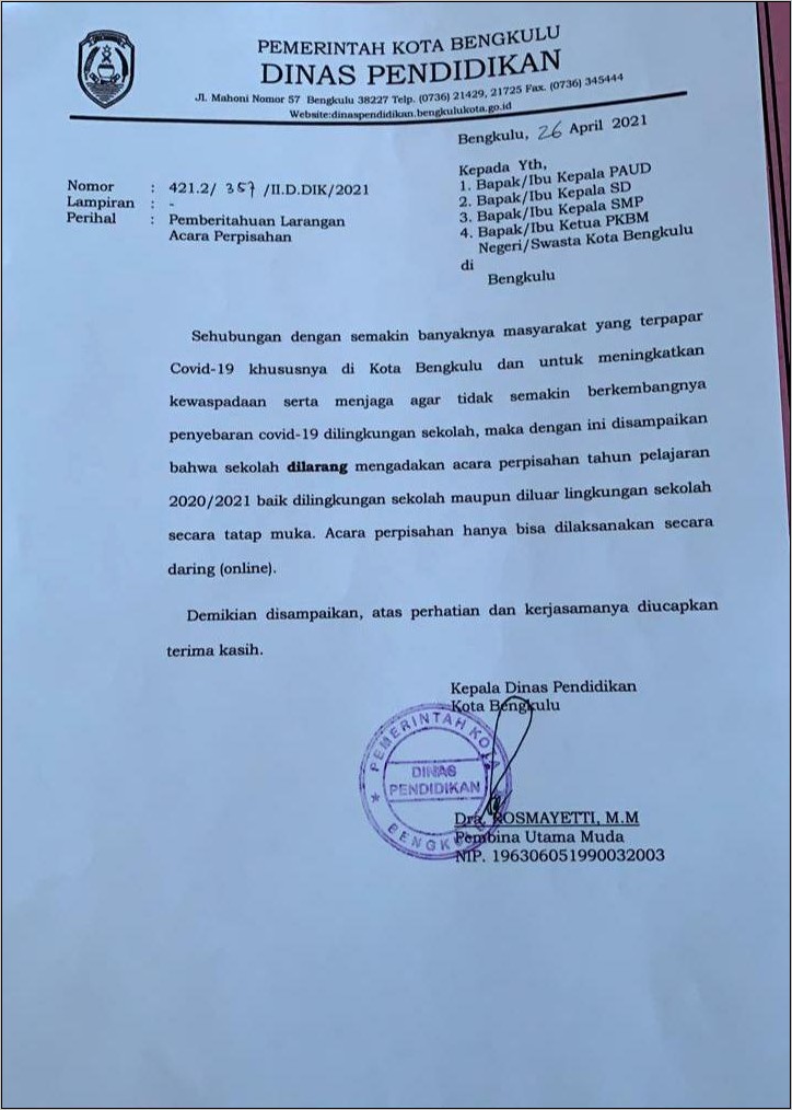 Contoh Surat Dinas Perpisahan