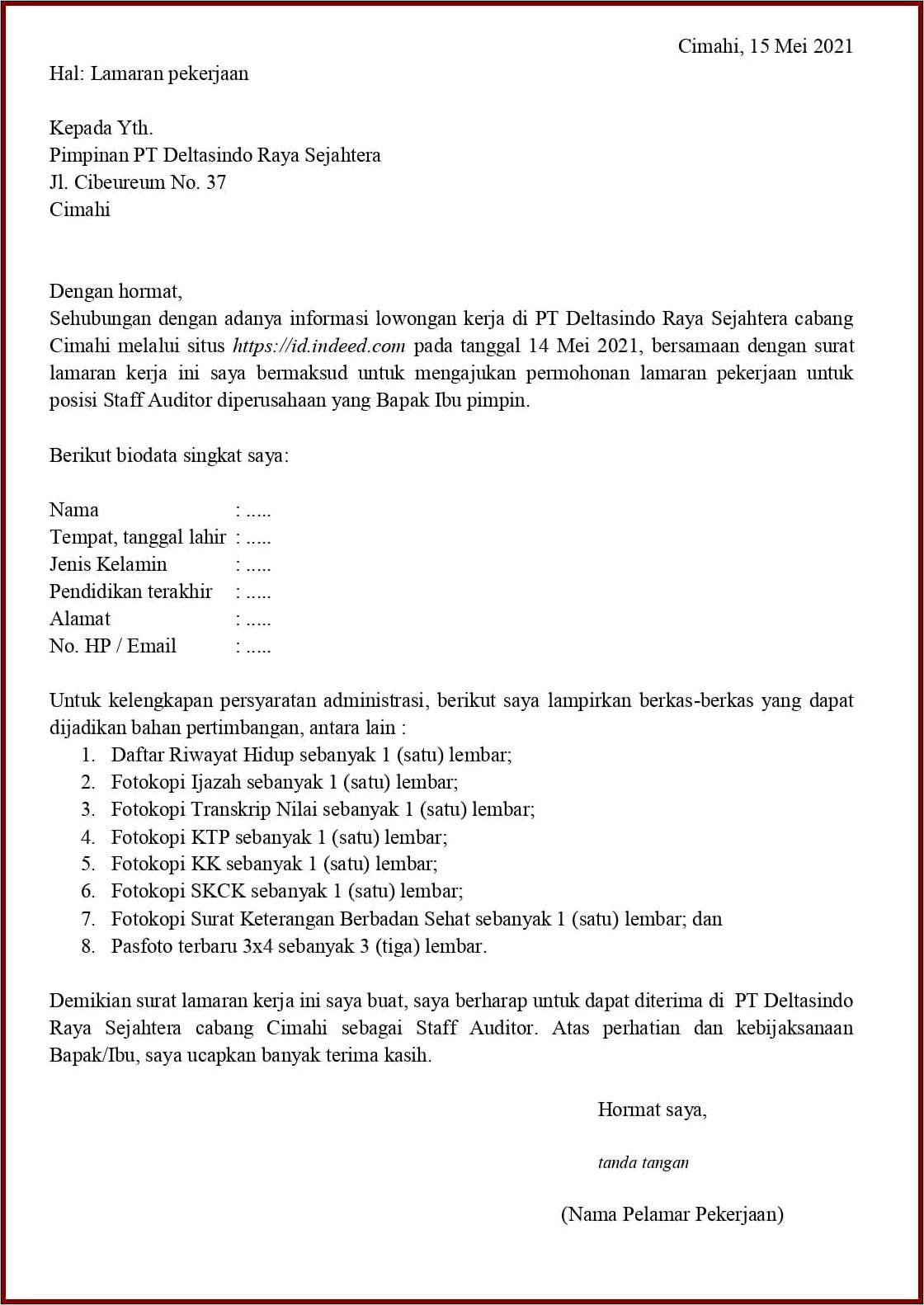 Contoh Surat Dinas Perusahaan Audit