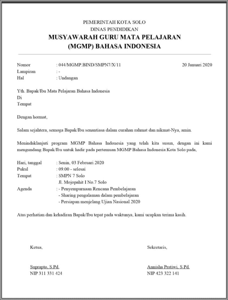 Contoh Surat Dinas Resmi Bahasa Indonesia