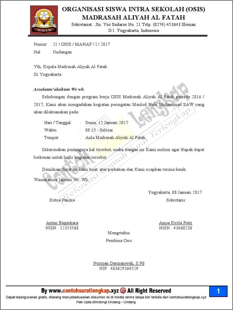 Contoh Surat Dinas Resmi Undangan