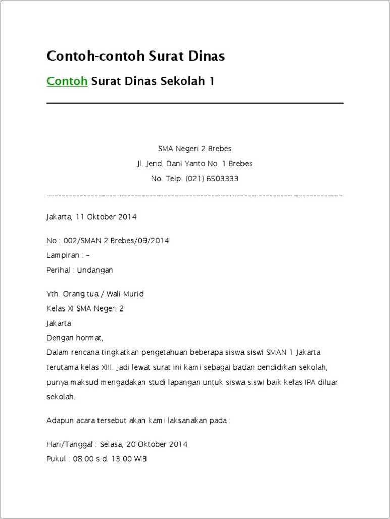 Contoh Surat Dinas Sekolah Pendek