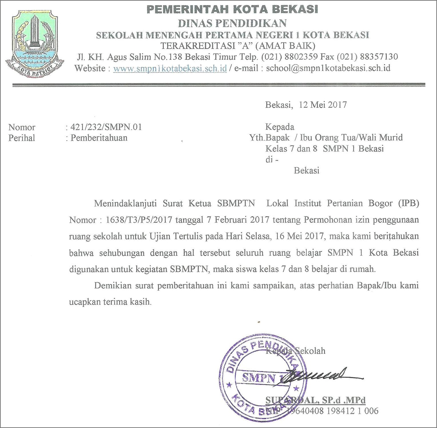 Contoh Surat Dinas Sekolah Smp 38 Bekasi