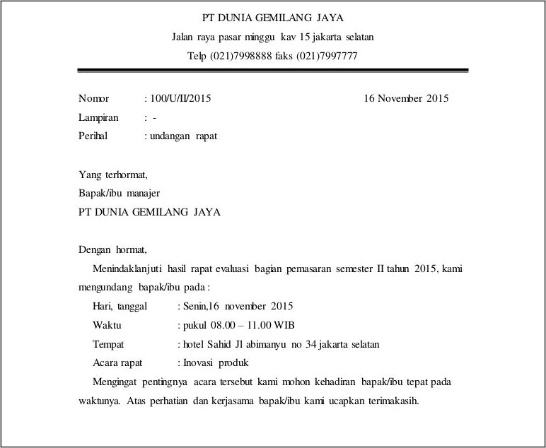 Contoh Surat Dinas Semi Block Style Acara Sekolah