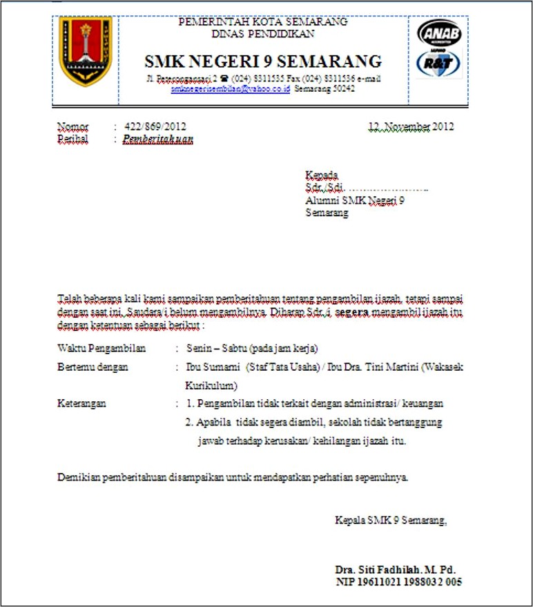 Contoh Surat Dinas Smk Negeri 2 Semarang