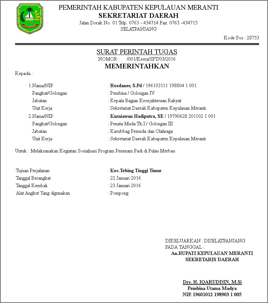 Contoh Surat Dinas Surat Perintah Perjalanan Dinas