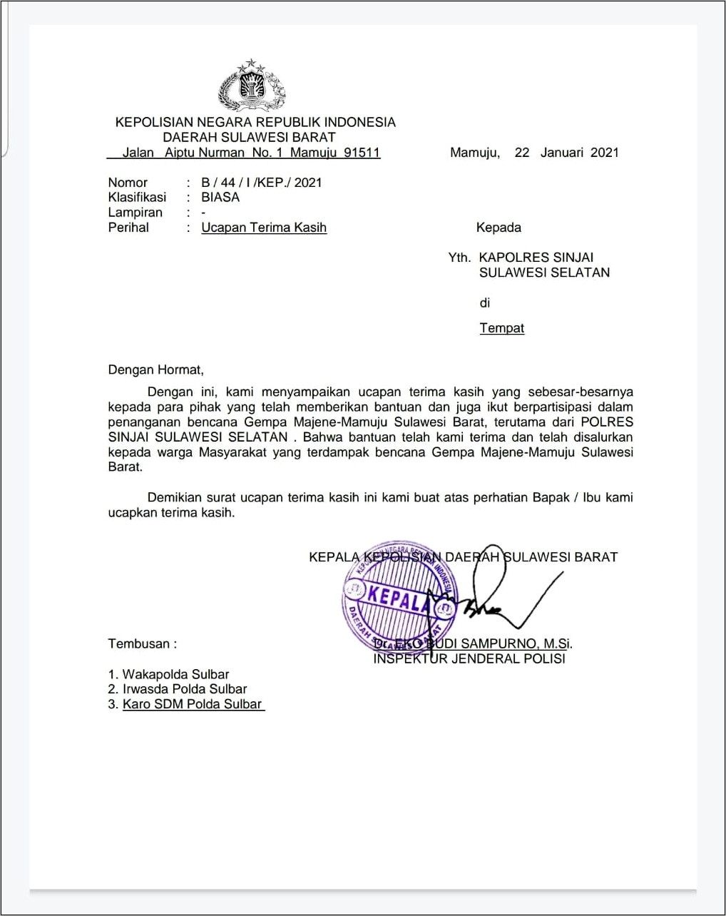 Contoh Surat Dinas Ucapan Terima Kasih