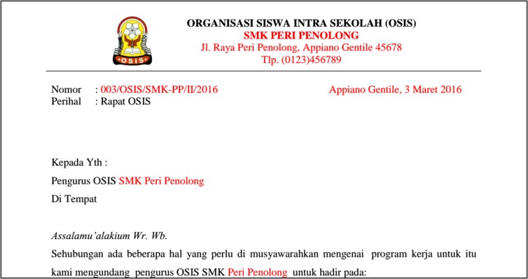 Contoh Surat Dinas Untuk Kegiatan Osis