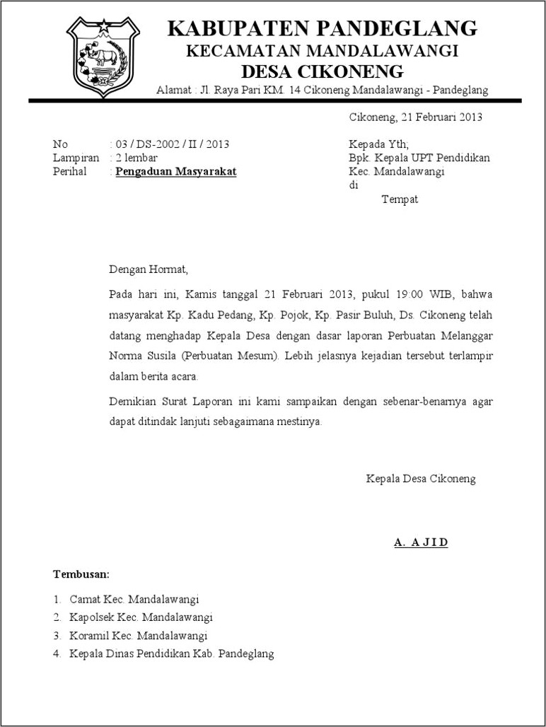 Contoh Surat Dinas Untuk Kepala Desa Atau Lurah