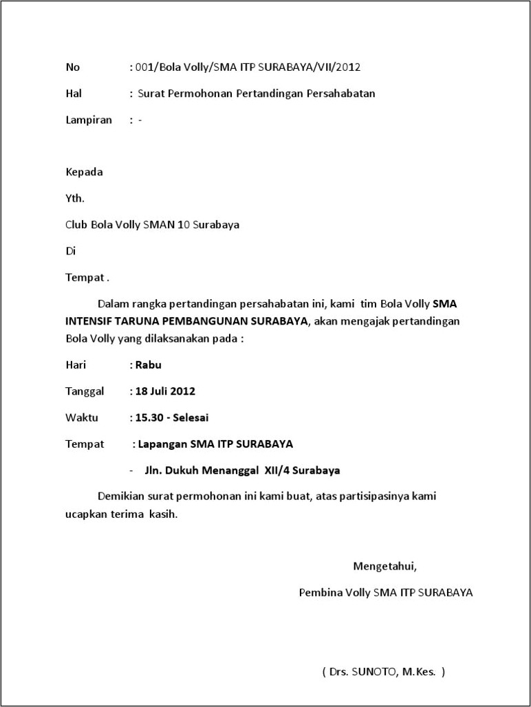 Contoh Surat Dinas Yang Isinya Menyatakan Pertandingan Persahabatan