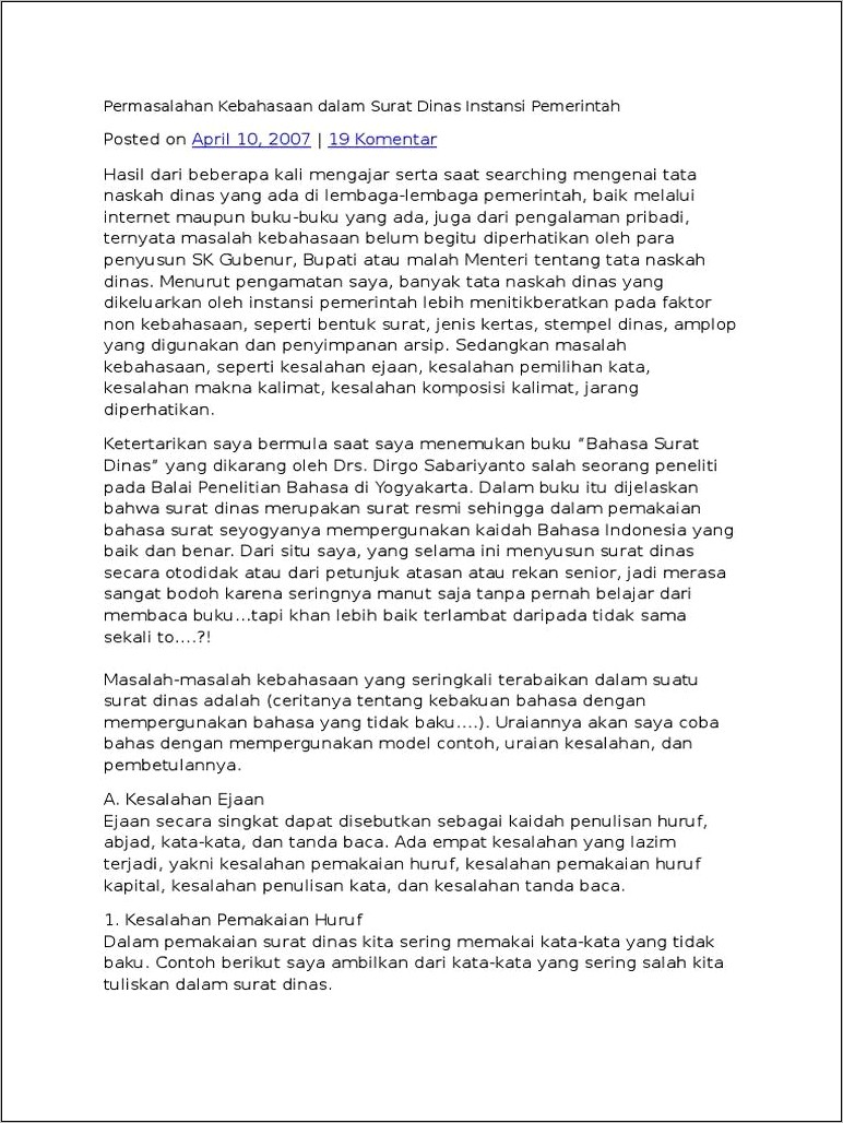 Contoh Surat Dinas Yang Salah Dan Pembetulannya