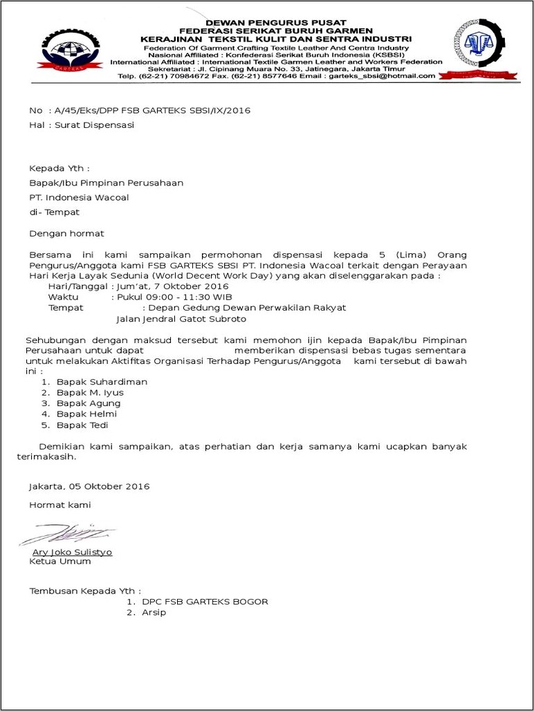 Contoh Surat Dispensasi Perusahaan