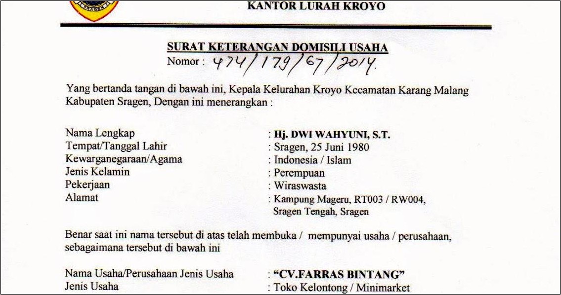 Contoh Surat Domisil Usaha Dagang