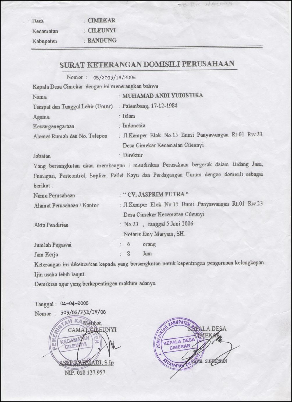 Contoh Surat Domisili Perusahaan Di Desa