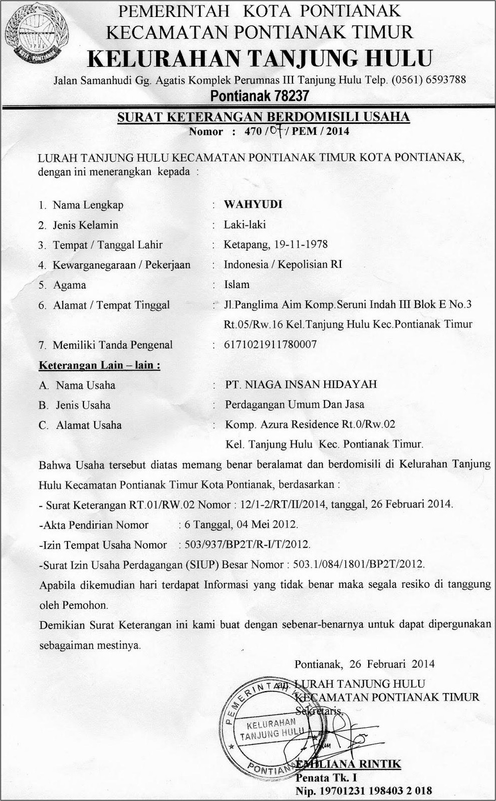 Contoh Surat Domisili Perusahaan