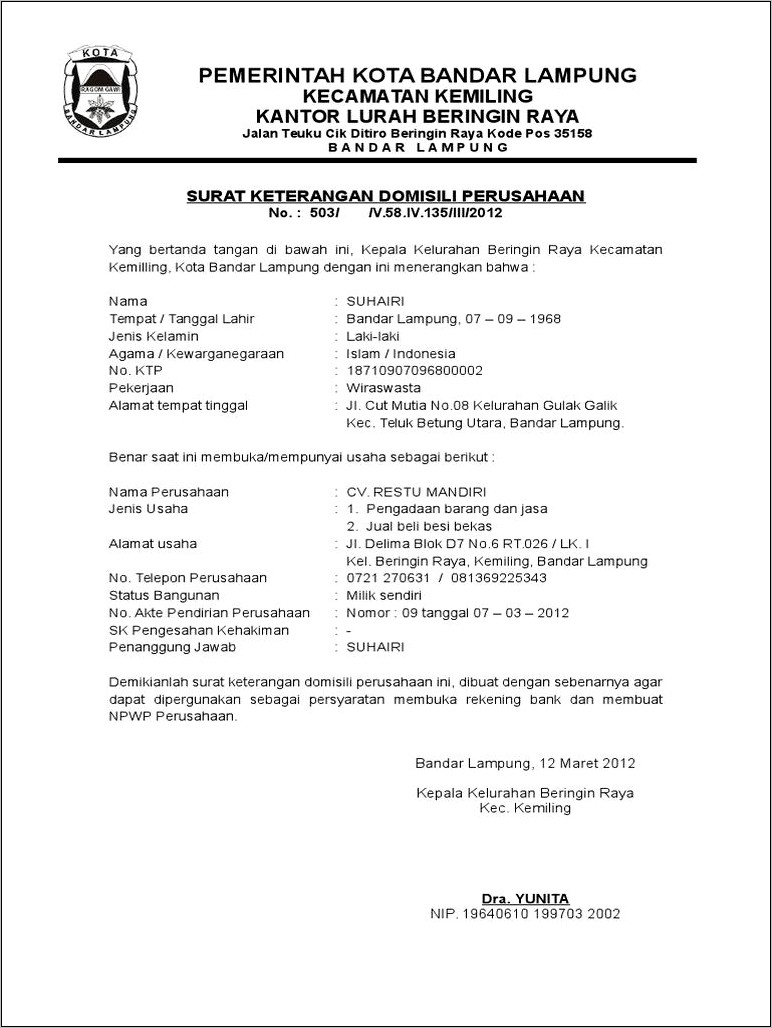 Contoh Surat Domisili Untuk Daftar Perusahaan