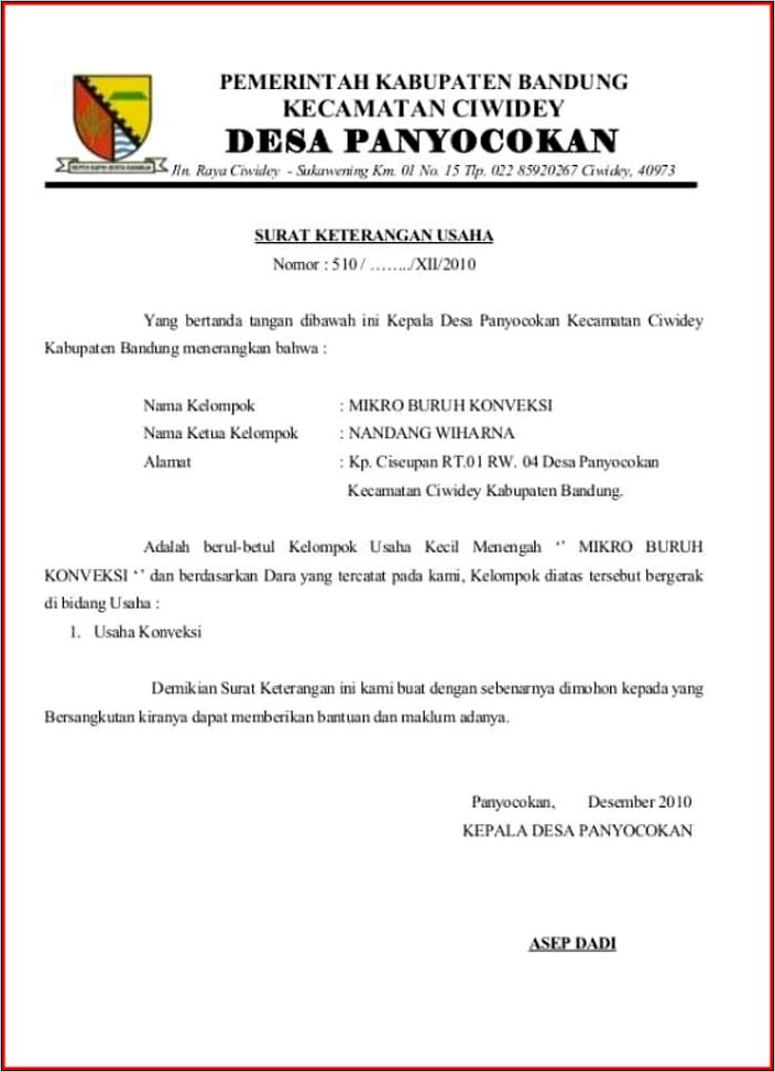 Contoh Surat Domisili Usaha Dari Desa