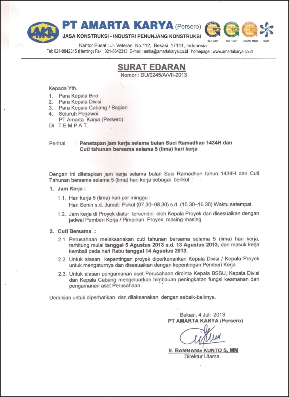 Contoh Surat Edaran Operasional Perusahaan