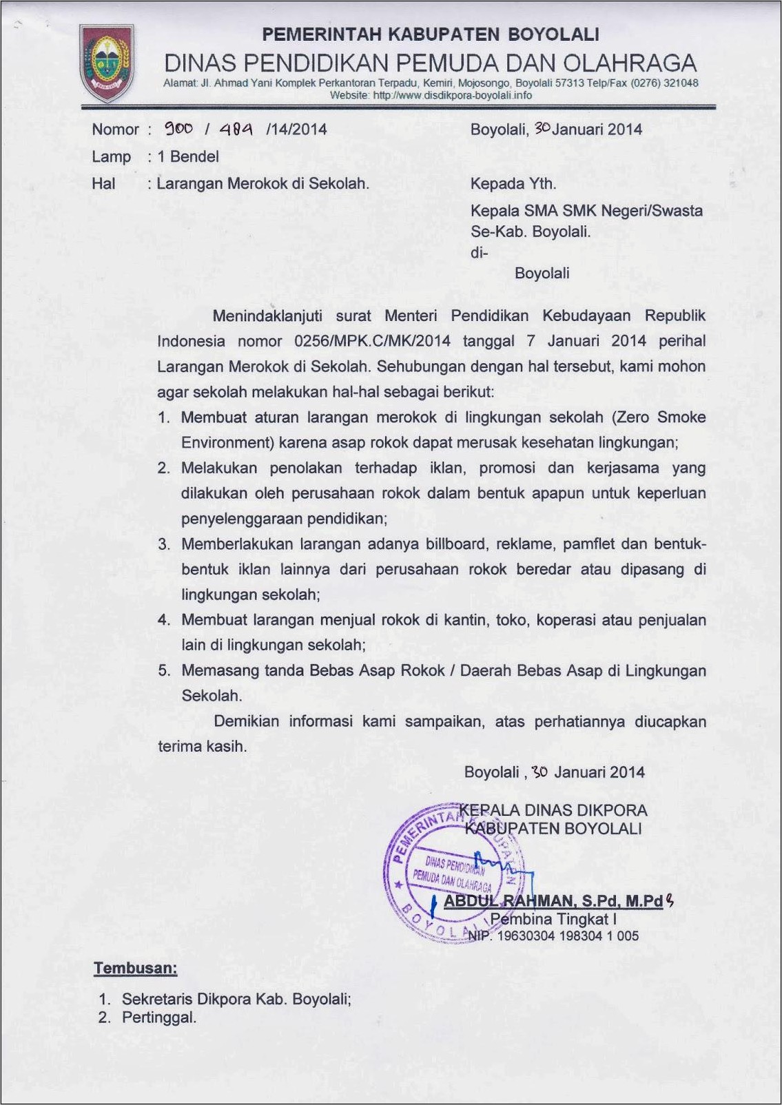 Contoh Surat Himbauan Kepala Dinas