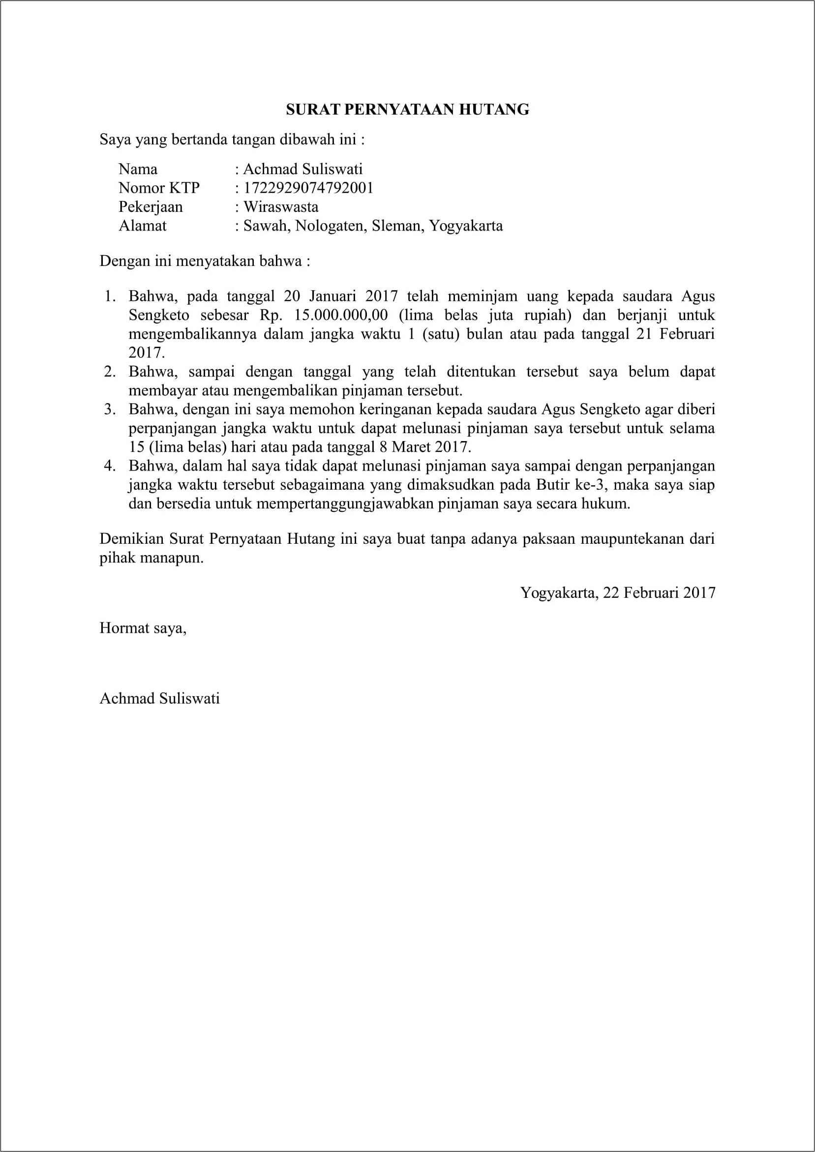 Contoh Surat Hutang Perusahaan