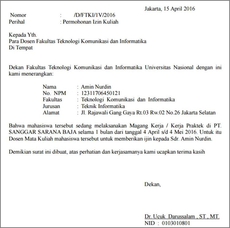 Contoh Surat Ijin Belajar Ke Dinas