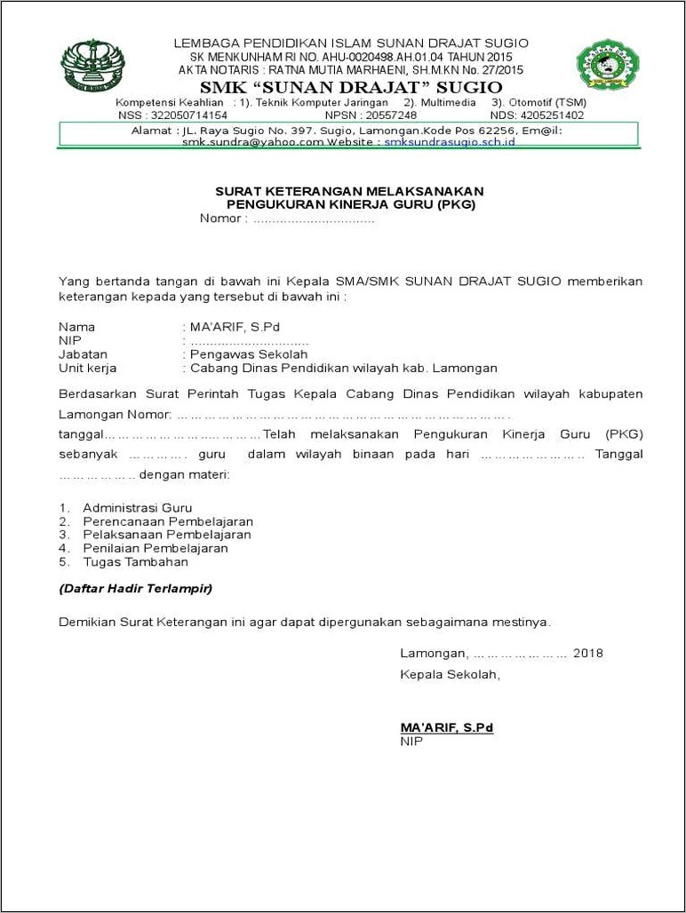 Contoh Surat Ijin Kepala Sekolah Untuk Perjalanan Dinas