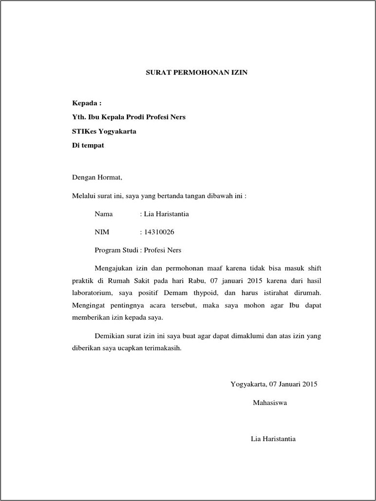 Contoh Surat Ijin Sakit Dinas Profesi Ners