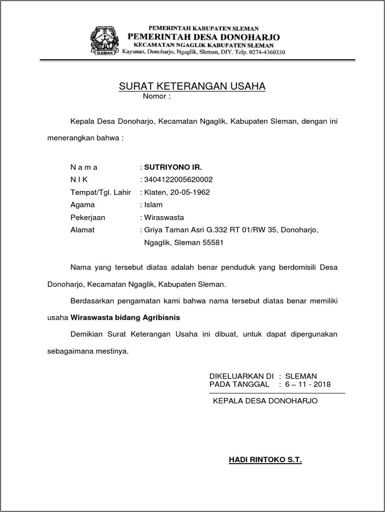 Contoh Surat Ijin Usaha Dari Desa