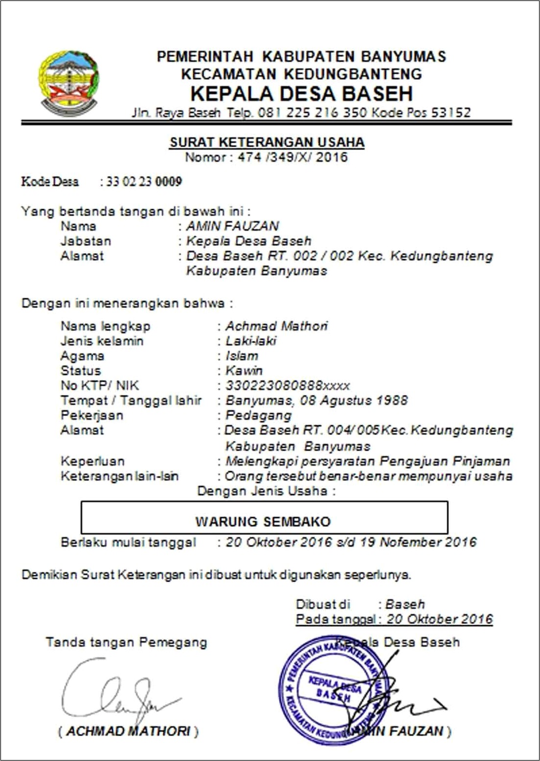 Contoh Surat Ijin Usaha Tingkat Desa