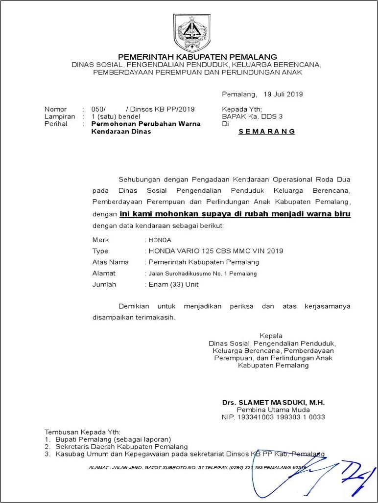 Contoh Surat Informasi Penjualan Mobil Dinas