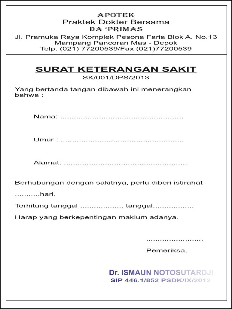 Contoh Surat Izin Dokter Semarang