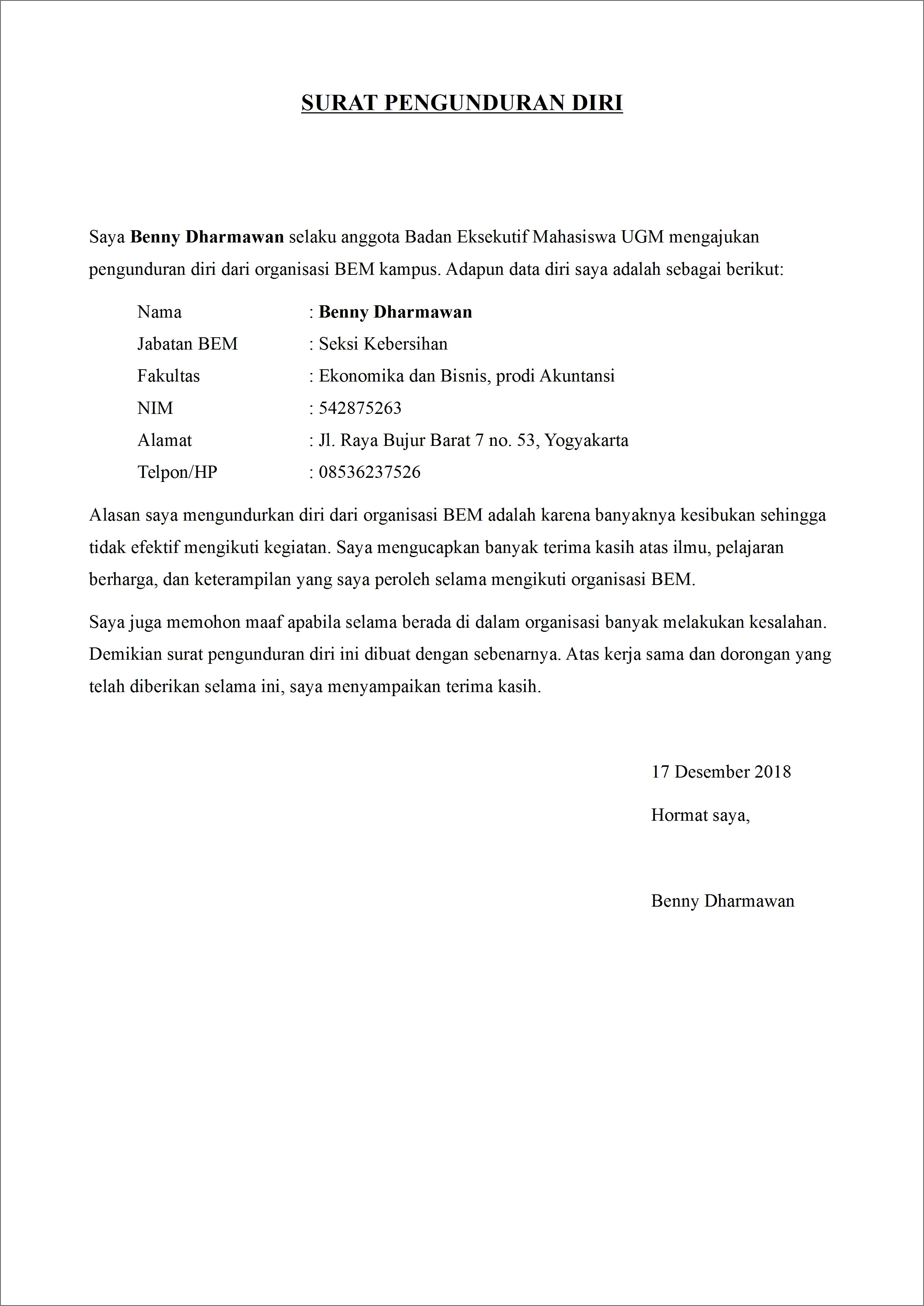 Contoh Surat Izin Mengundurkan Diri