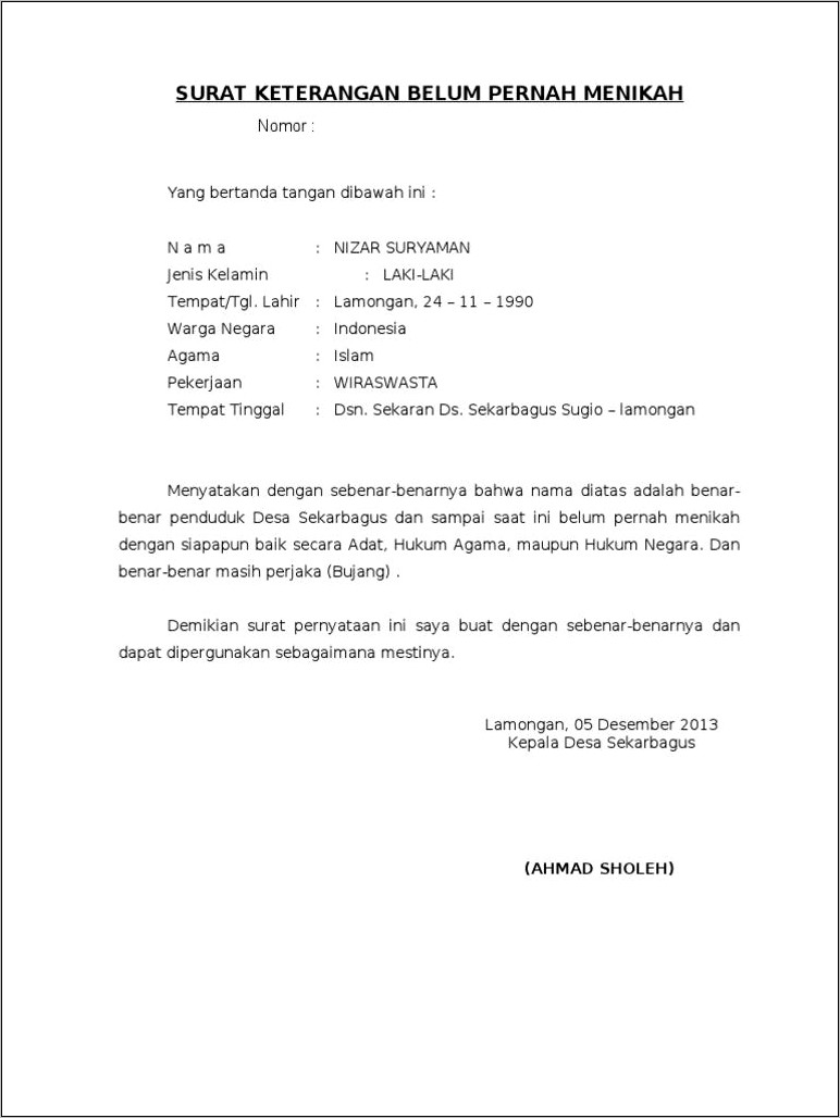 Contoh Surat Izin Menikah Dari Desa