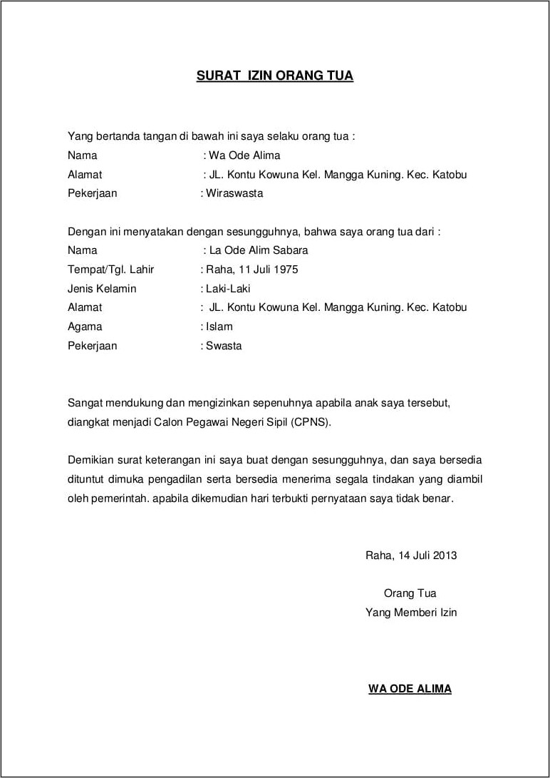 Contoh Surat Izin Orang Tua Yg Baik Dan Benar