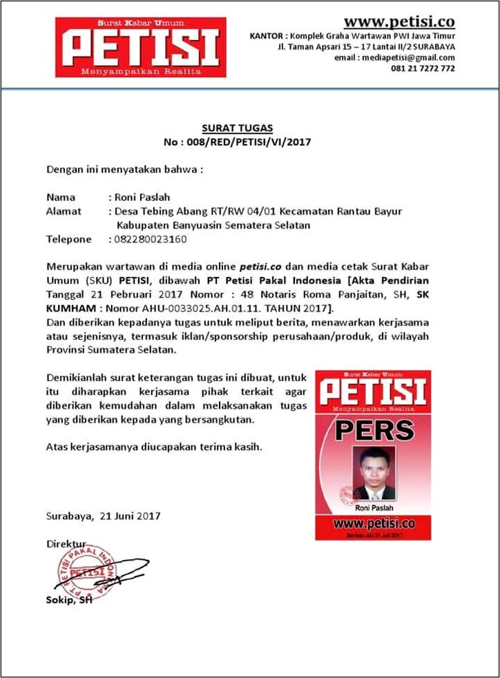 Contoh Surat Izin Peliputan Berita