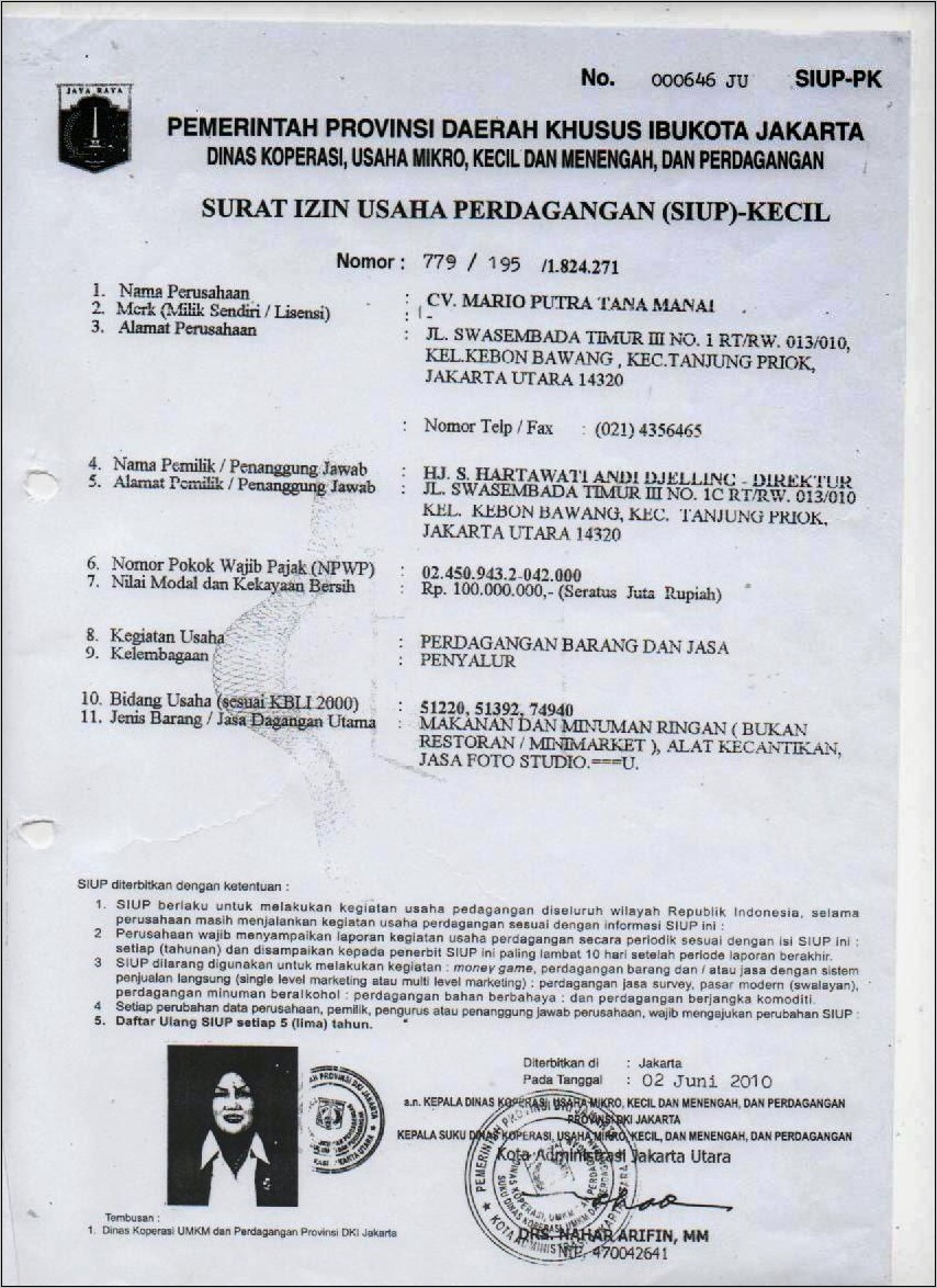 Contoh Surat Izin Perdagangan Bidang