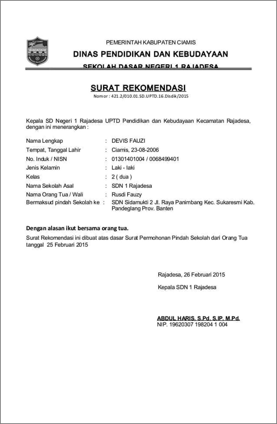 Contoh Surat Izin Rekomendasi Pendirian Sdit