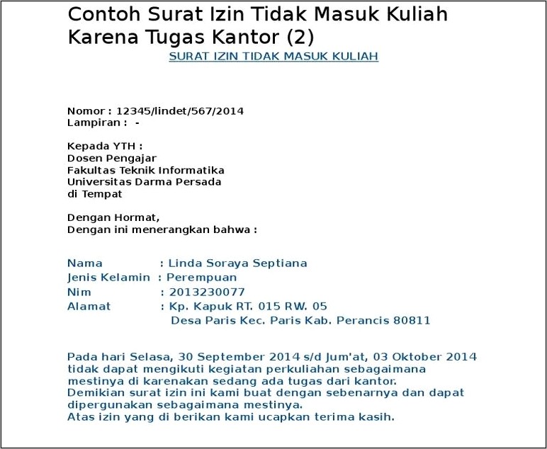 Contoh Surat Izin Resmi Tidak Mengikuti Kegiatan