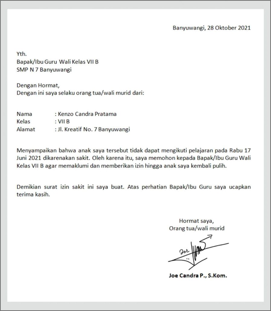 Contoh Surat Izin Sakit Anak Sekolah Smp