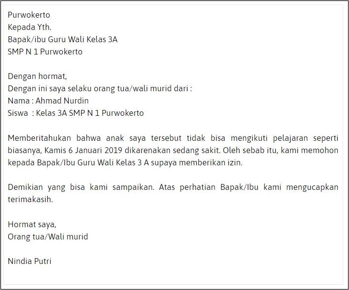 Contoh Surat Izin Sakit Anak Smp